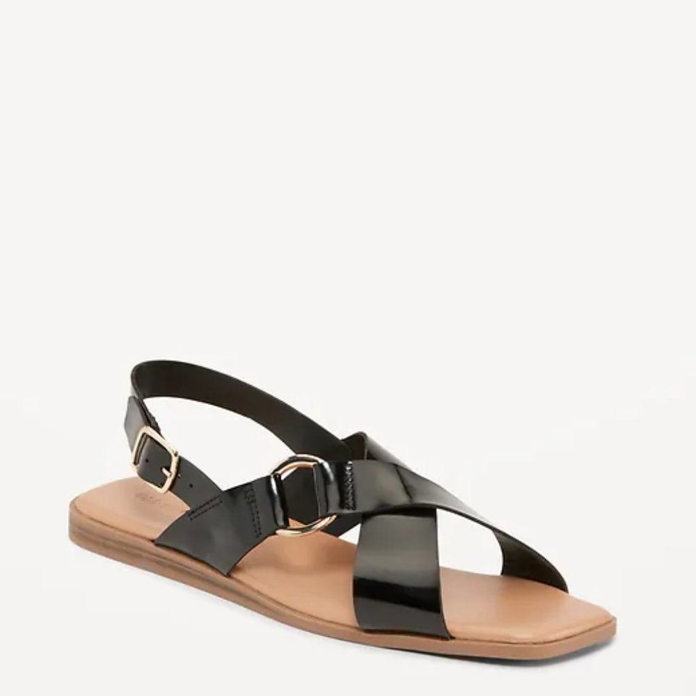 Old Navy Black Faux-Leather Cross-Strap Buckled Sandals/NWT/8